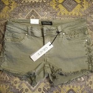 Grace green embroidered shorts